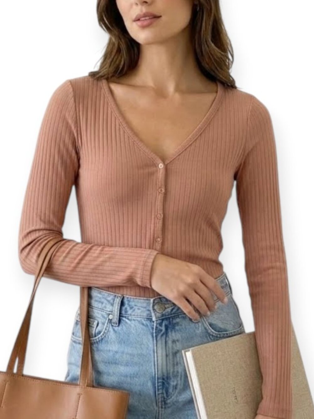 The Group Babaton Kerry XS Mauve Ribbed Slim Fit Long Sleeve V-Neck Pullover Top